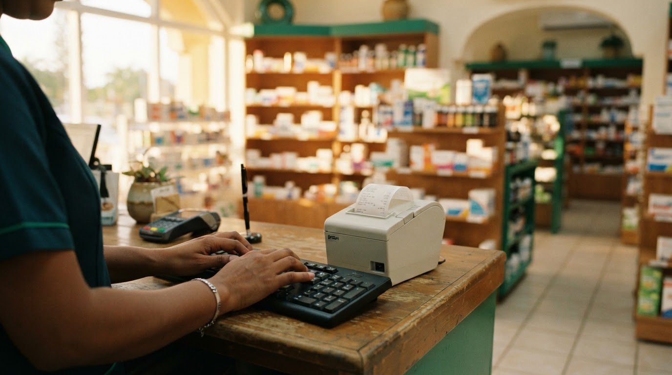 Hands typing on a keyboard at a pharmacy counter, next to a receipt printer